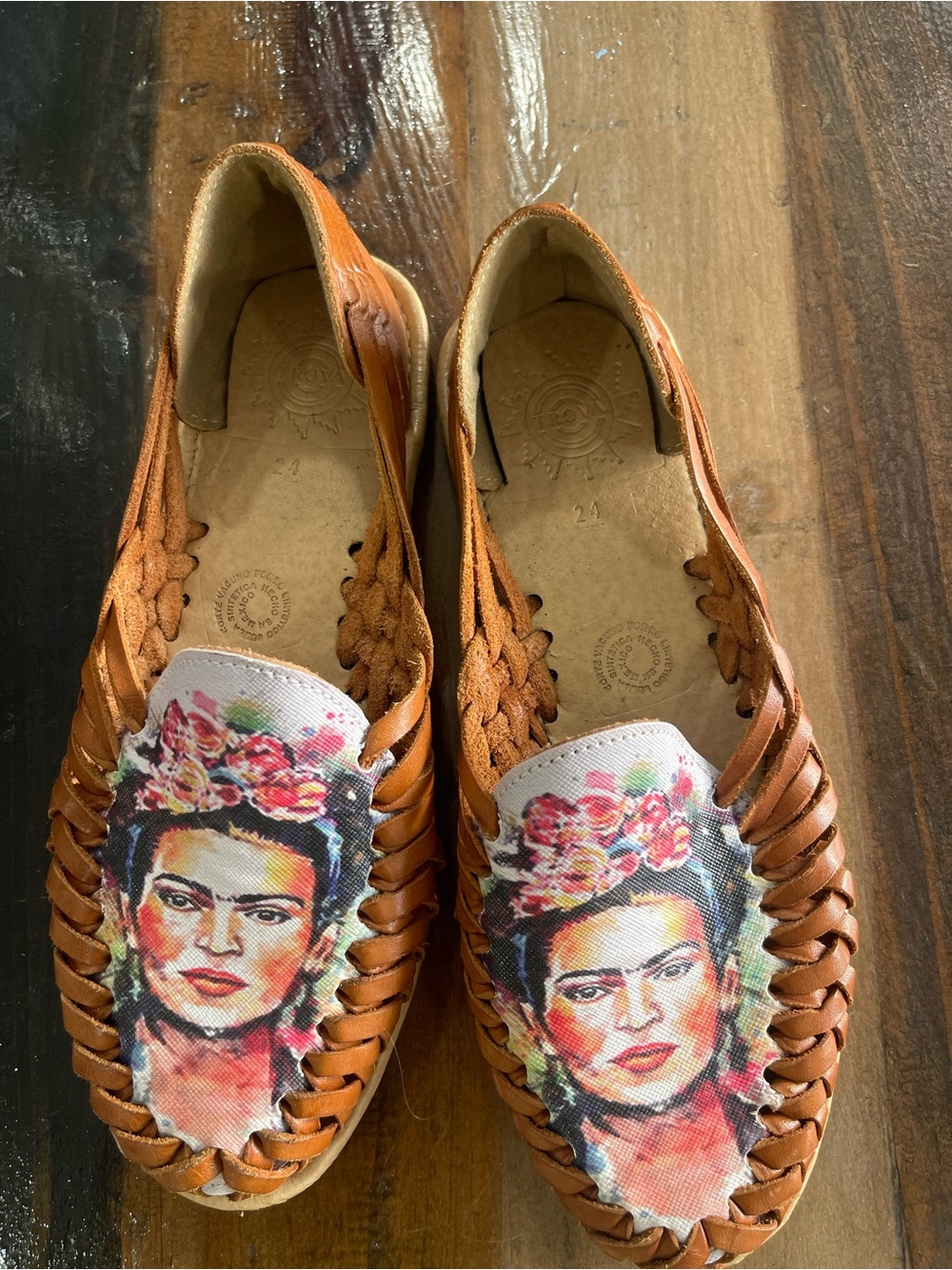 Handwoven Tan Leather Women's Slip-On Shoes with Floral Portrait Accent